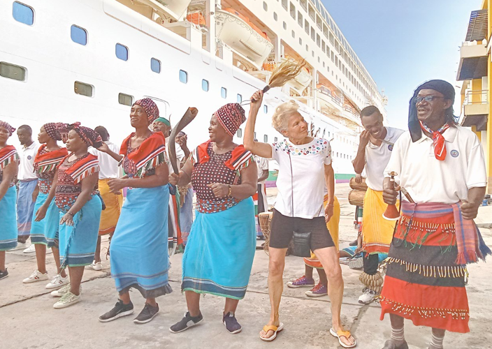 Traditional dancers entertain tourists who arrived at the Mombasa Port yesterday on board a cruise ship christened Ms Ambience. The ship will be in Kenya for two days before leaving for South Africa.