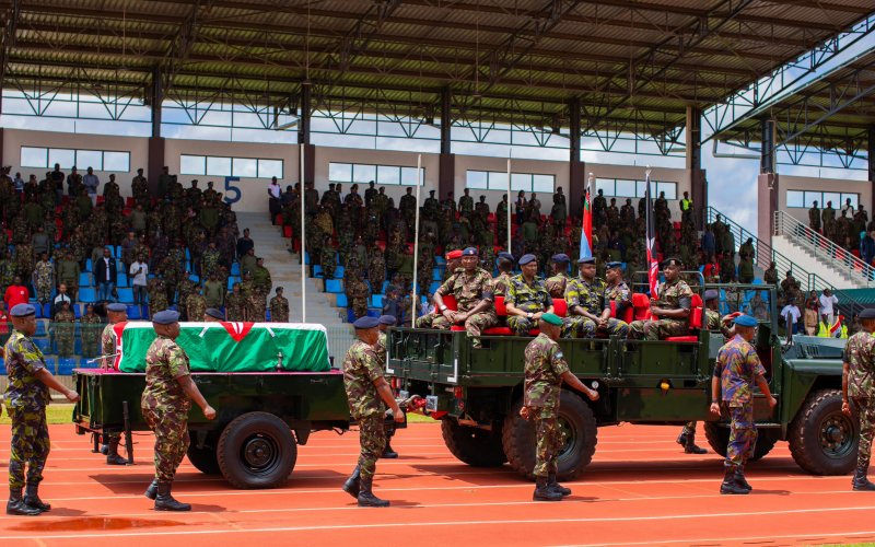 Kenya Defence Forces paying last respect to CDF General Ogolla at Ulinzi Sports Complex. PHOTO(@WilliamsRuto)/X