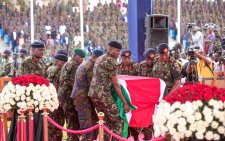Members of the Kenya Defence Forces carry the casket bearing the body of CDF General Ogolla at Ulinzi Sports Complex in Lang'ata. PHOTO/Adan Duale (@HonAdenDuale)/X