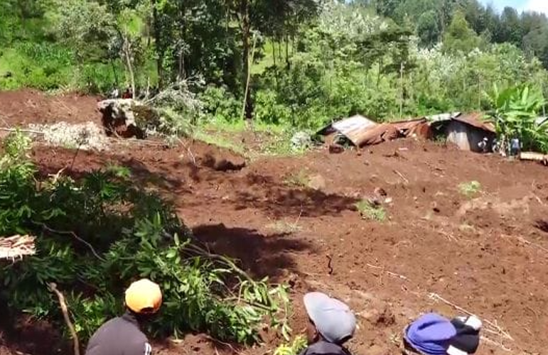 Landslide scene in Kiganjo village Mathioya Murang'a county where three homesteads were swept down. Six people died and four other rescued. PHOTO/Wangari Njuguna