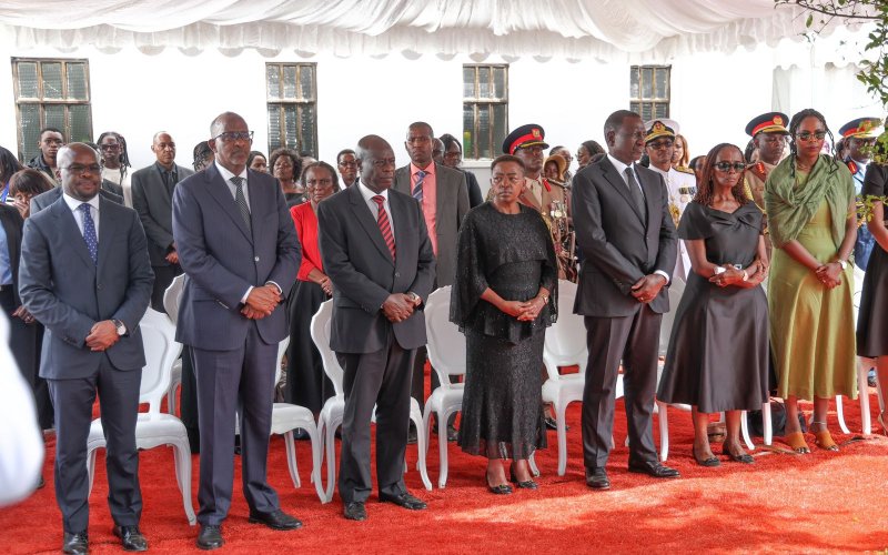President William Ruto, DP Rigathi Gachagua, CS Aden Duale and PS Raymond Omollo during the burial of Chief of Defence Forces (CDF) General Francis Ogolla. PHOTO/State House