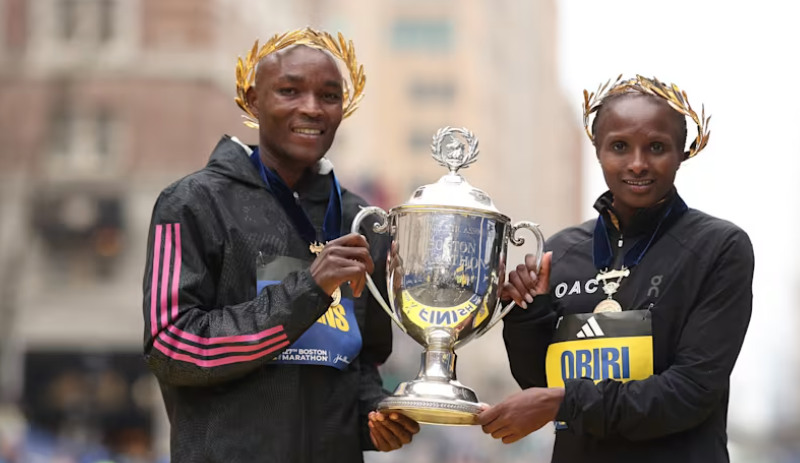 Evans Chebet and Hellen Obiri during a past Boston Marathon event.