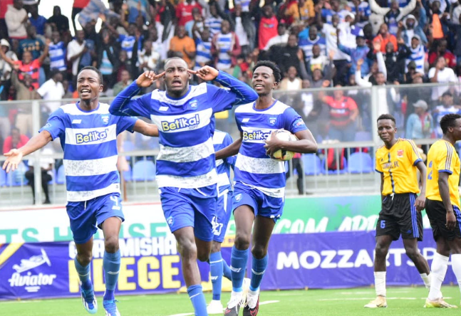 AFC Leopards' Arthur Gitego celebrate a goal against Compel FC at Dandora Stadium.