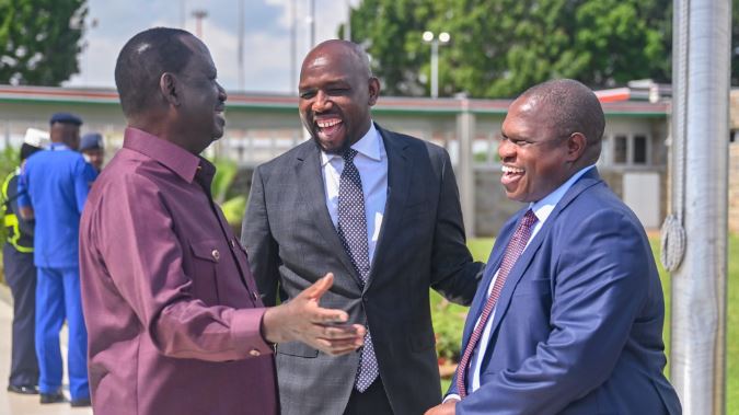 Raila Odinga chats with Kipchumba Murkomen after seeing off President Yoweri Museveni  PHOTO/@kipmurkoMen/X