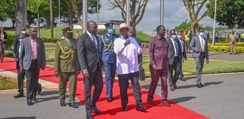 Raila Odinga and Murkomen seeing off President Yoweri Museveni  PHOTO/@kipmurkoMen/X