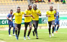 Charles Momanyi, Erick Kapaito and Eugene Asike of Tusker celebrate a goal against Murang'a Seal. PHOTO/(@tusker_fc)/X