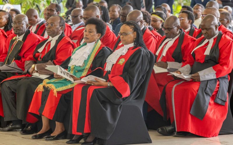 Supreme Court judges at State House during the swearing-in of Judges of the High Court of Kenya and the conferment of the rank of Senior Counsel to advocates. PHOTO/@WilliamsRuto/X