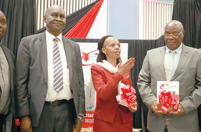 KUCCPS CEO Agnes Wahome and other officials during the release of the 2024 placement report for tertiary education. PHOTO/Samuel Kariuki