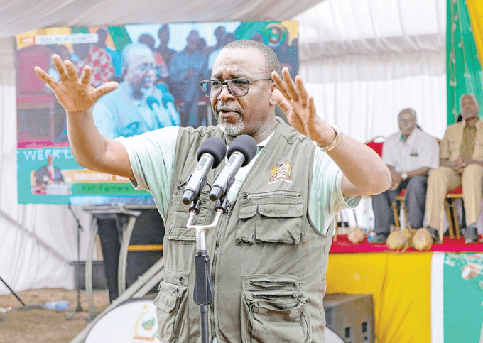 Agriculture CS Mithika Linturi speaking when he launched the National Coconut Planting Week in the coastal region at Tezo area, Kilifi County on April 17. PHOTO/Ronald Mwadzombo