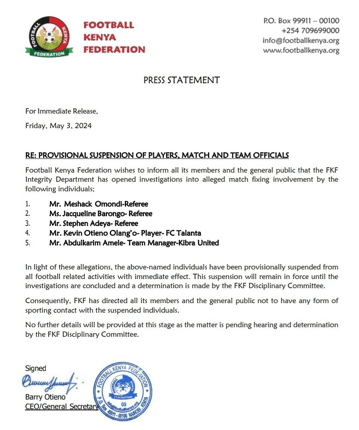 FKF letter confirming suspension of individuals over match-fixing claims. PHOTO/FKF