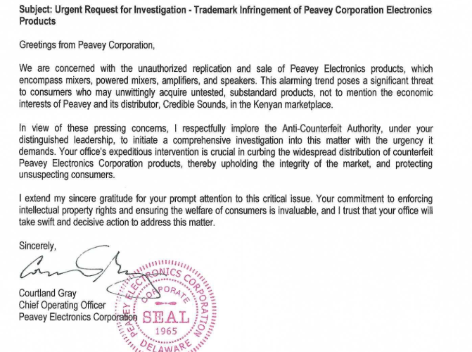 A request letter by Peavey Electronics Corporation for an investigation into counterfeit products. PHOTO/Screengrab by People Daily