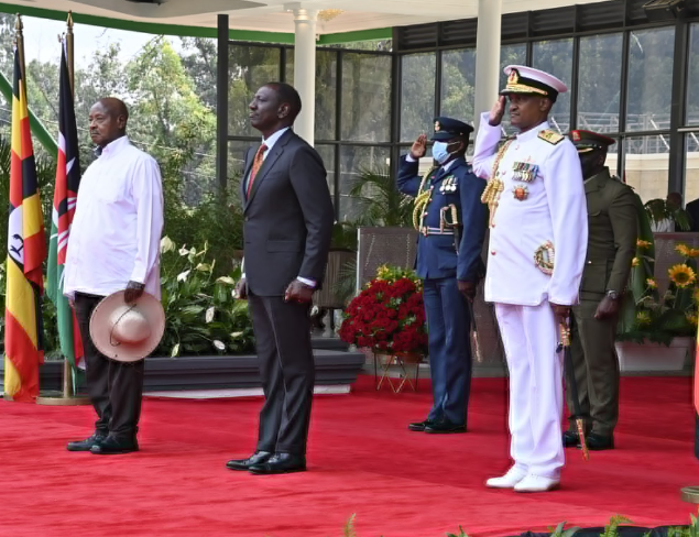 President William Ruto and President Yoweri Kaguta Museveni of Uganda at State House Nairobi. PHOTO/@WilliamsRuto/X