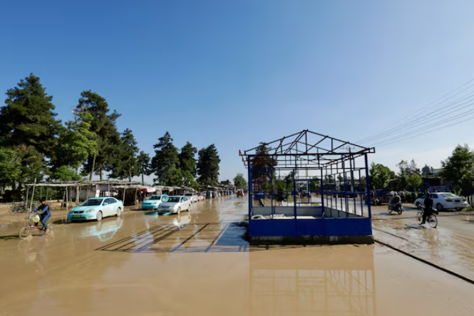 View of flooded streets in Sheikh Jalal district, Baghlan province, Afghanistan on May 12, 2024.