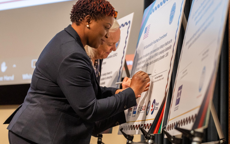 Health Cabinet Secretary Susan Nakhumicha signing an MoU in the US. PHOTO/@WilliamsRuto/X