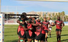 Kenya celebrate a try against Tunisia in a past Rugby Africa Cup encounter. PHOTO/KRU