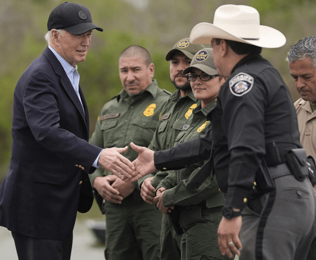 Biden talks with the U.S. Border Patrol and local officials, Feb. 29, 2024, in Brownsville, Texas, along the Rio Grande. PHOTO/AP
