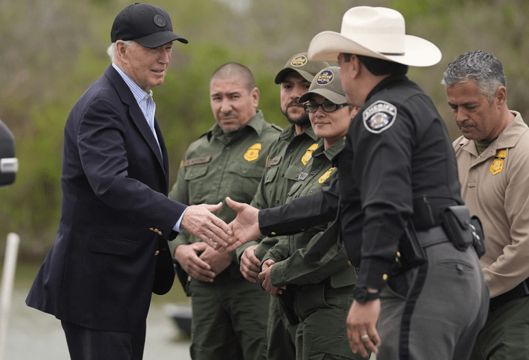 Biden talks with the U.S. Border Patrol and local officials, Feb. 29, 2024, in Brownsville, Texas, along the Rio Grande. PHOTO/AP