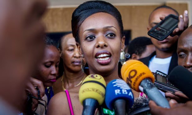 Diane Rwigara speaking to the media in Kigali in 2017. She posted on X: ‘Paul Kagame, why won’t you let me run?’ PHOTO/Reuters.