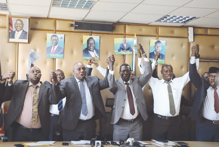 Kenya National Union of Teachers (KNUT) officials led by their secretary General Collins Oyuu during a past press briefing at the Union Headquarters in Nairobi. PHOTO/Print