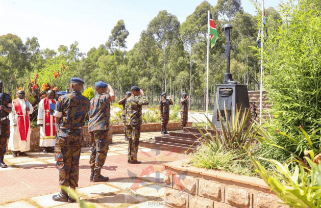 Chief of the Defence Forces (CDF) General Charles Kahariri paying his respects to fallen soldiers at the Base Monument on Friday, June 14, 2024. PHOTO/@kdfinfo/X
