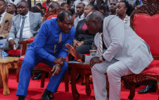 Wiper Party Leader Kalonzo Musyoka and Deputy President Rigathi Gachagua during the consecration of Bishop Elect Benson Gathungu alias Kiengei. PHOTO/@PloSigei/X