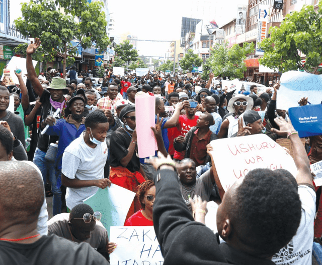 Young people demonstrate along the Nakuru streets yesterday protesting over the Finance bill 2024. PHOTO/Raphael Munge