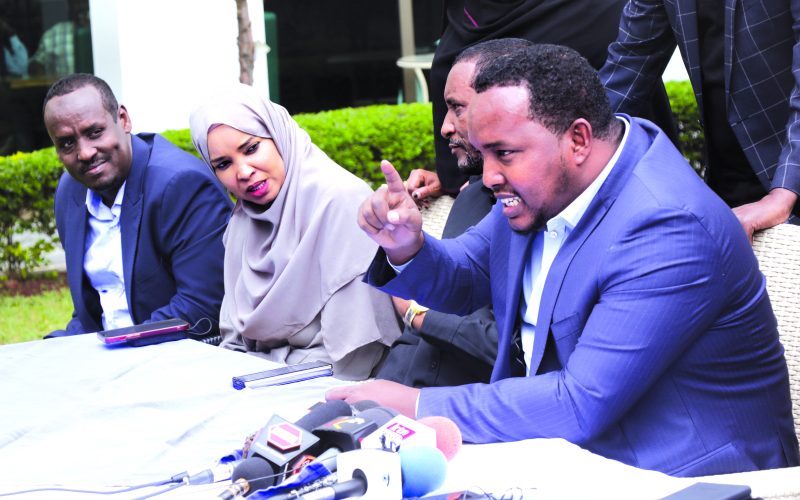 North Eastern leaders led by Wajir South MP Mohammed Adow, Wajir Women Rep Fatuma Jehow, Mandera East MP Omar Maalim and Ijara MP Abdi Ali address a press conference in Nairobi to defended NIS director general Noordin Haji. They threatened to start a process in Parliament to impeach Deputy President Rigathi Gachagua for attacking Haji. PHOTO/Kenna CLAUDE