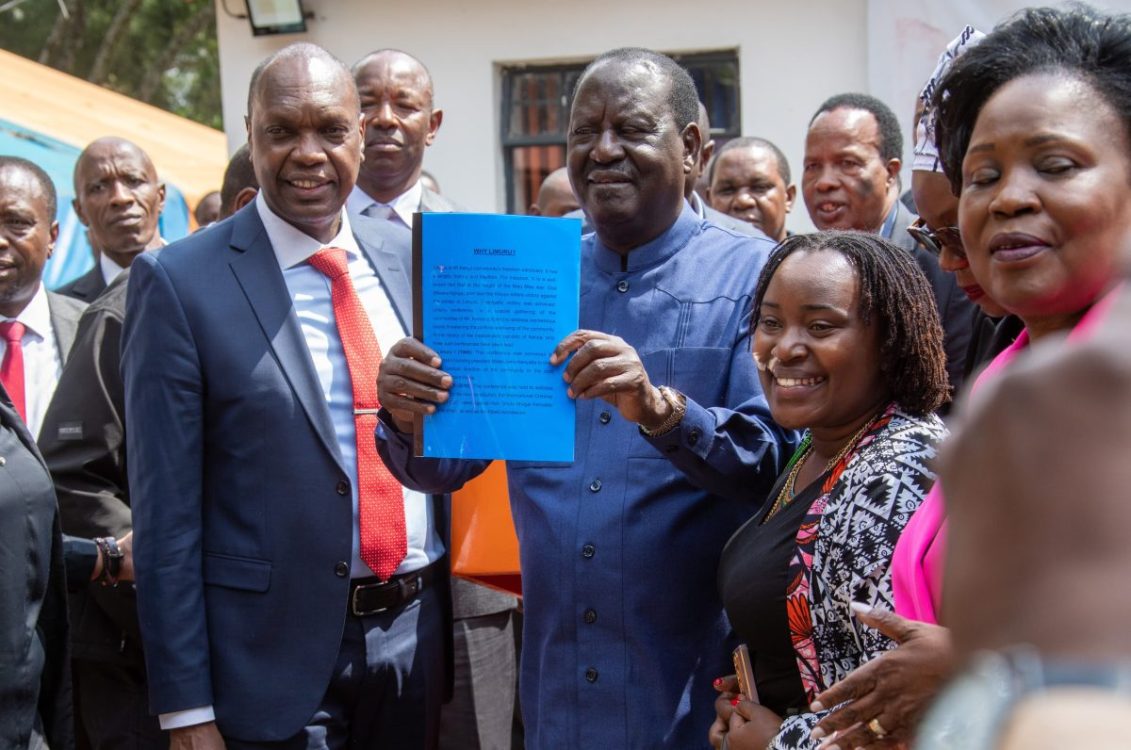 Azimio leader Raila Odinga receiving Limuru 3 conference report at Chungwa House. PHOTO/@RailaOdinga/X