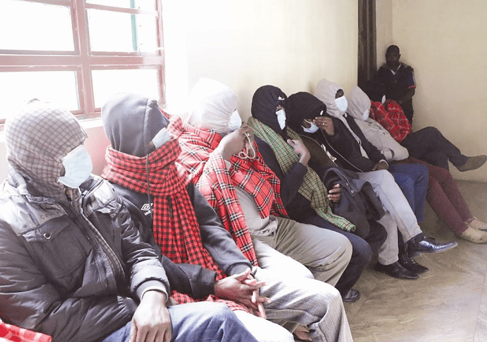 Police officers accused of the disappearance of two Indian men and a taxi driver when they appeared in Kahawa law courts on November 10, 2022. PHOTO/Print