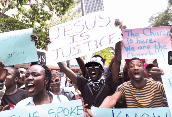 Youths affiliated to churches in Nairobi march in the central business district protesting over the proposed Finance Bill 2024/25.