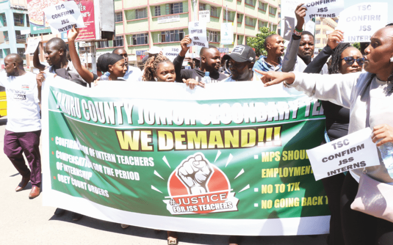 Junior Secondary School teachers from Nakuru county demonstrate on Nakuru streets demanding a better pay from TSC. They vowed not to return to school until their demands are met. PHOTO/Raphael Munge