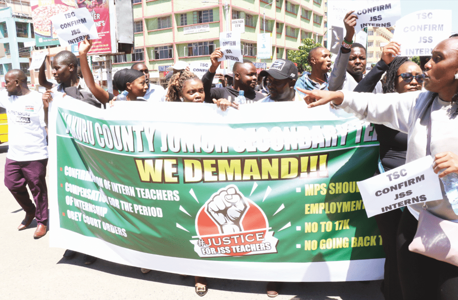 Junior Secondary School teachers from Nakuru county demonstrate on Nakuru streets demanding a better pay from TSC. They vowed not to return to school until their demands are met. PHOTO/Raphael Munge