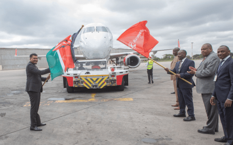 Transport Principal Secretary Mohamed Daghar and Kenya Airways CEO Allan Kilavuka flag off a plane after Kenya resumed direct flights to Mozambican capital Maputo. PHOTO/@mohamed_daghar/X