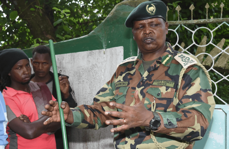 Chief Conservator of Forests (CCF) Alex Lemarkoko speaks at Cherenganyi Forest station where two forest rangers were killed before the assailant turned the gun on himself. PHOTO/@KeForestService/X.