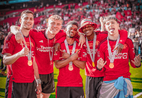 Manchester United players pose for a photo at Wembley stadium. PHOTO/@ManUtd/X.