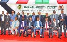 Elected Members of the County Assembly pose for a photograph with the top leadership of Nyandarua County during the 7th County Prayer Breakfast in December 2023. PHOTO/Nyandarua County Assembly