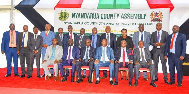 Elected Members of the County Assembly pose for a photograph with the top leadership of Nyandarua County during the 7th County Prayer Breakfast in December 2023. PHOTO/Nyandarua County Assembly