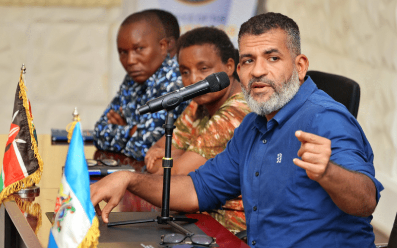Mombasa governor Abdulswamad Nassir speaks during a meeting with coast leaders on the executive order banning the entry sale, transportation and distribution of muguka in the County in May 29, 2024. PHOTO/@A_S_Nassir/X.