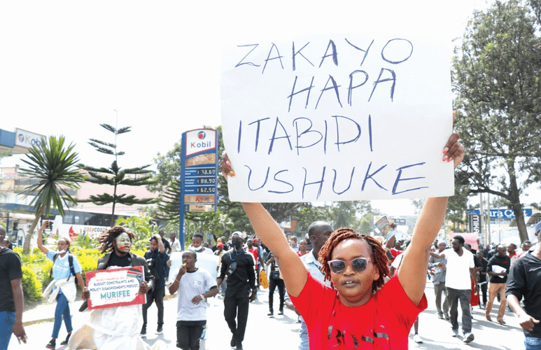 Young people demonstrate along a Nakuru street protesting over the Finance Bill 2024 on January 20. PHOTO/Raphael Munge