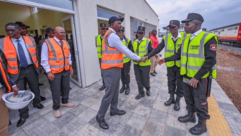 Ministry of Transport and Public Works, led by Cabinet Secretary Kipchumba Murkomen arrives for inspection at rail stations along the Nairobi-Lukenya line. PHOTO/@kipmurkomen/x