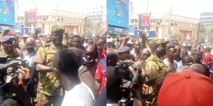 Photo collage of Nairobi Police boss Adamson Bungei interacting with protesters on Tuesday July 23, 2024. PHOTO/ Screengrab by People Daily