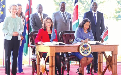 European Commission president Ursula von der Leyen (left, standing) and President William Ruto alongside other leaders look on during the signing of the Kenya-EU economic partnership agreement at State House last year. PHOTO/PCS
