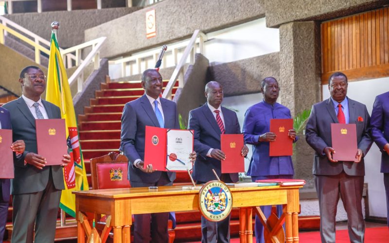 President William Ruto, DP Rigathi Gachagua and former PM Raila Odinga at KICC on Tuesday, July 9, 2024.
