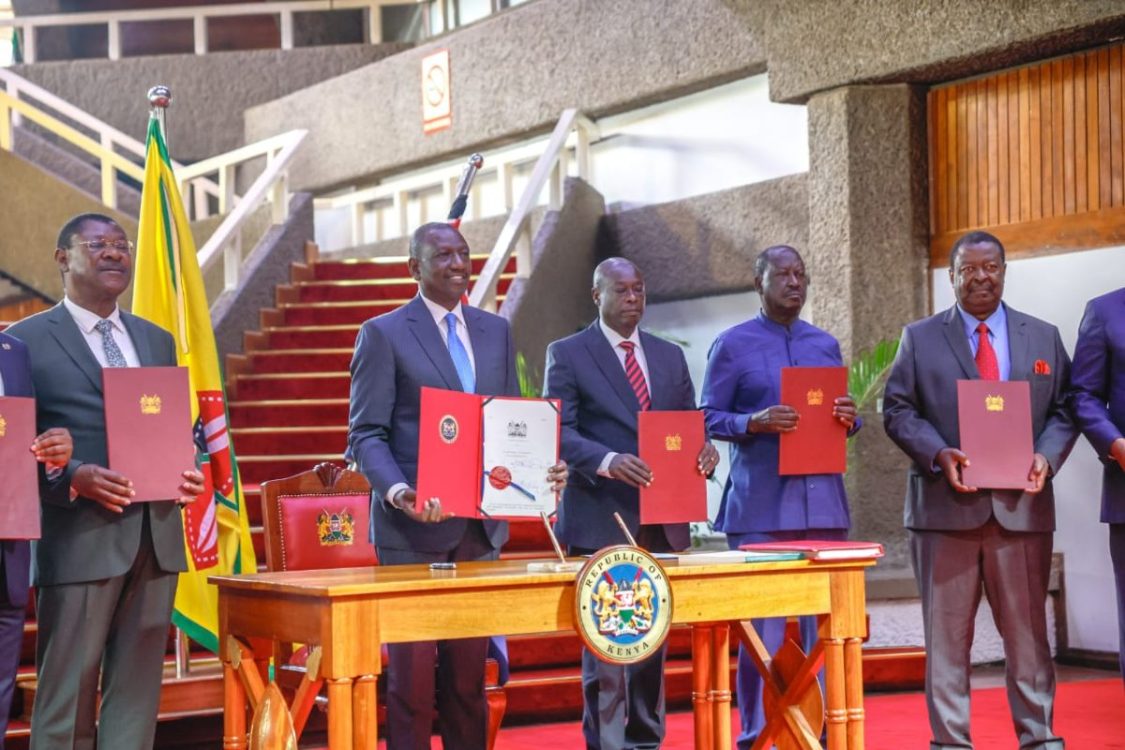 President William Ruto, DP Rigathi Gachagua and former PM Raila Odinga at KICC on Tuesday, July 9, 2024.