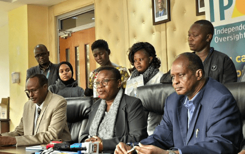 IPOA chairperson Anne Makori (center) and other officials and families of victims addressing the press on Wednesday July 31, 2024. PHOTO/ @IPOA_KE/X