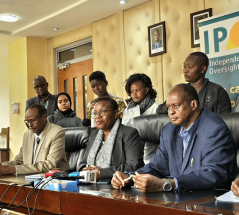 IPOA chairperson Anne Makori (center) and other officials and families of victims addressing the press on Wednesday July 31, 2024. PHOTO/ @IPOA_KE/X