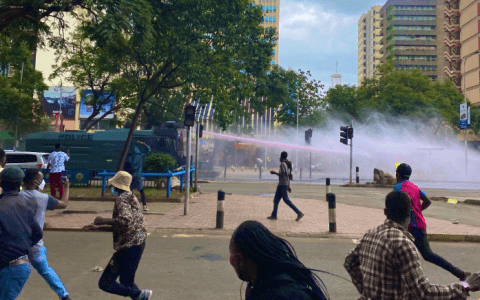 A water canon dispersing protesters in Nairobi. PHOTO/@EricNjiiru/X