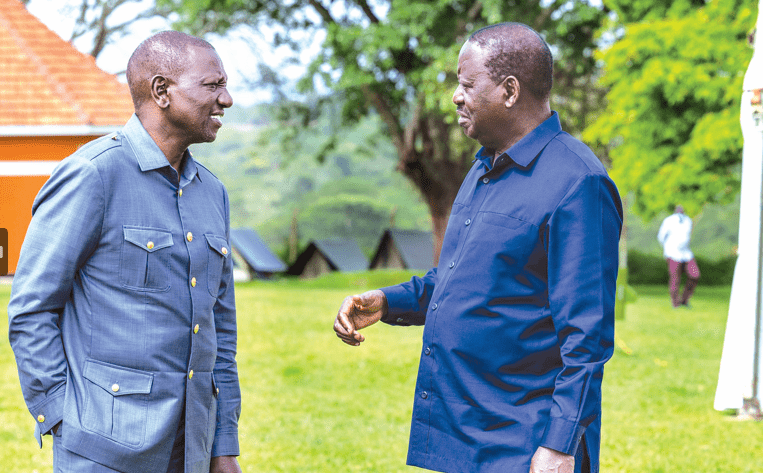 President William Ruto with ODM party leader Raila Odinga when they met in Uganda on February 26. PHOTO/Print