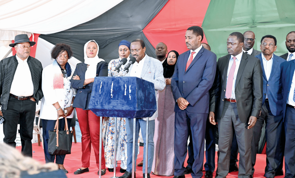 Azimio Coalition led by Wiper party leader Kalonzo Musyoka prepare to address a press conference in Nairobi before it was interrupted by goons yesterday. PHOTO/Philip Kamakya