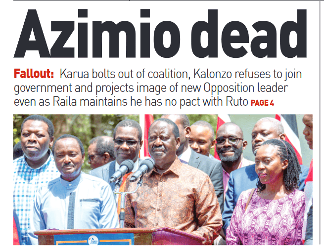 Azimio dead, Raila bid to save ODM and Azimio from implosion story on People Daily Newspaper. PHOTO/ Screengrab by People Daily Digital of PD Newspaper front page